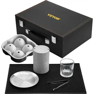 VEVOR Ice Ball Press Kit, Anodized 7075 Aluminum, with Silicone Moulds, Large Mat, Stainless Steel Tong Two Glasses, Double Size Crystal Clear Rounds for Whiskeys, Cocktails on Parties Holidays