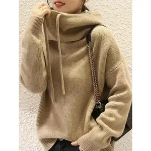 Women's Thickened Sweater - Oversized Loose-Fit Hooded Winter Pullover with Brown Cable- Texture, Warm Casual Sweater for Cold Weather, Cozy Everyday & Formal Outfits (Hand Washable, Solid Brown) - Ideal for Chinese Winter Season, Relaxed Fit with Ribbed