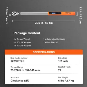 VEVOR Digital Torque Wrench, 1/2 Drive Electronic Torque Wrench, Torque Wrench Kit 25-250ft. lb/34-340n. m Torque Range Accurate to 2, 3-Mode Adjustable Torque Wrench Set with LED Buzzer Calibration