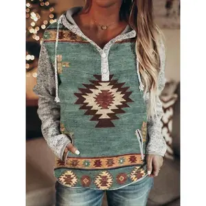 Women's Western Ethnic Print Pullover Hoodie, Casual Vintage Style Plush Warm Sweatshirt, Ladies Fashion Top for Fall & Winter
