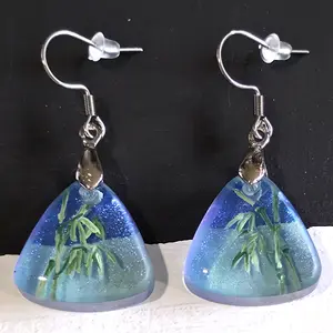 Earrings Resin Painted Bamboo Blue Glitter Lightweight Surgical Stainless-Steel Hook Handmade Green