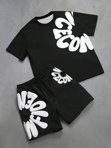 🔥  Black Bubble Letter Set | Two piece T-shirt and shorts for men's streetwear, casual loose fit, comfortable fabric, suitable for summer and daily outdoor wear ✨