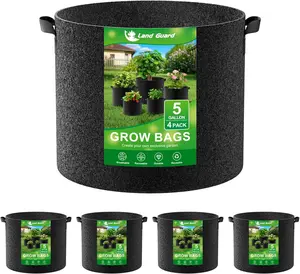 Land Guard 4-Pack Fabric Grow Bags 5 Gallon, Thickened Nonwoven Garden Pots, Growing Bags with Handles, Black