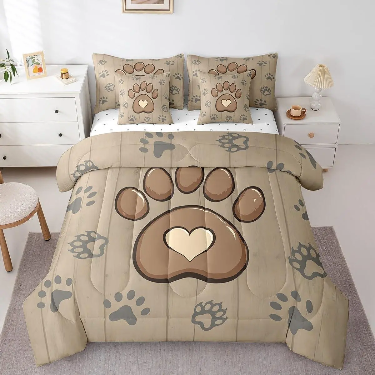 Dog Paw Bed in A Bag for Kids Boys Girls,Cartoon Foot Print Bedding Set,7pcs,Cute Animal Comforter,Wooden Plank Bed Set,with Sheet Set,Pillow Cases,Cushion Covers