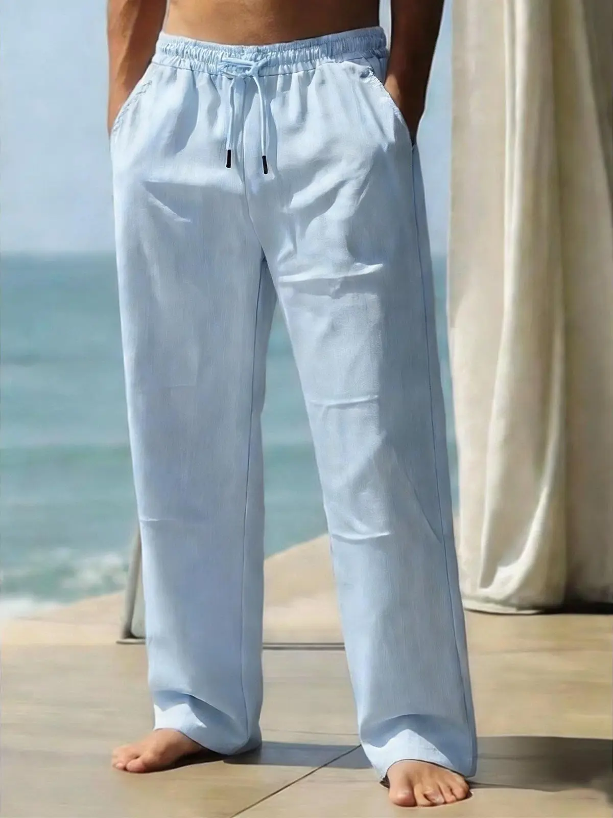 Menswear Plain Men's Linen-Blend Wide Leg Pants - Summer Cool Breathable, Elastic Drawstring Waist, Side Pockets, Lightweight Casual Beach Trousers