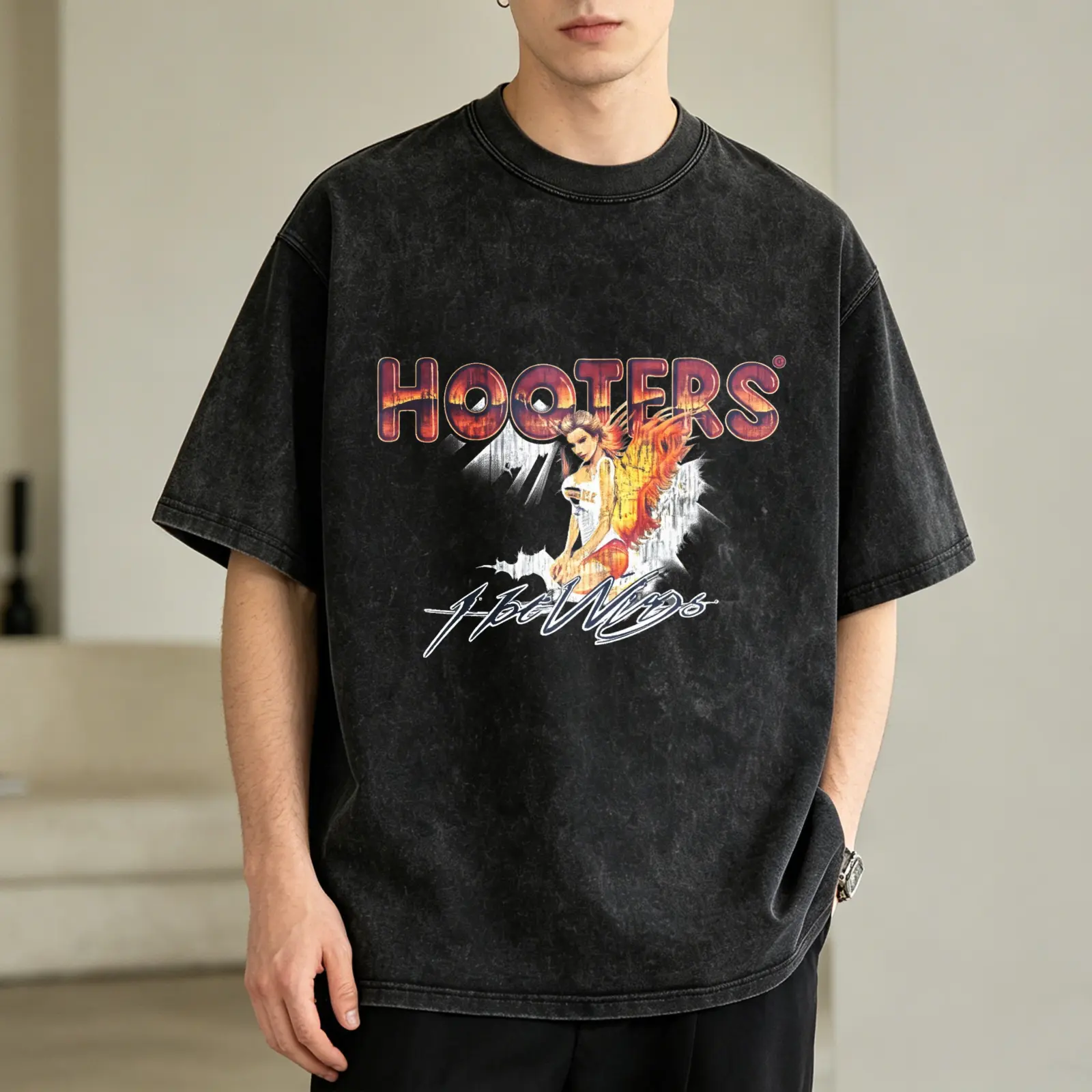 Men's Vintage Washed T-Shirt Hooters Hot Wings Oversized Graphic Tee Outdoor Casual Short Sleeve