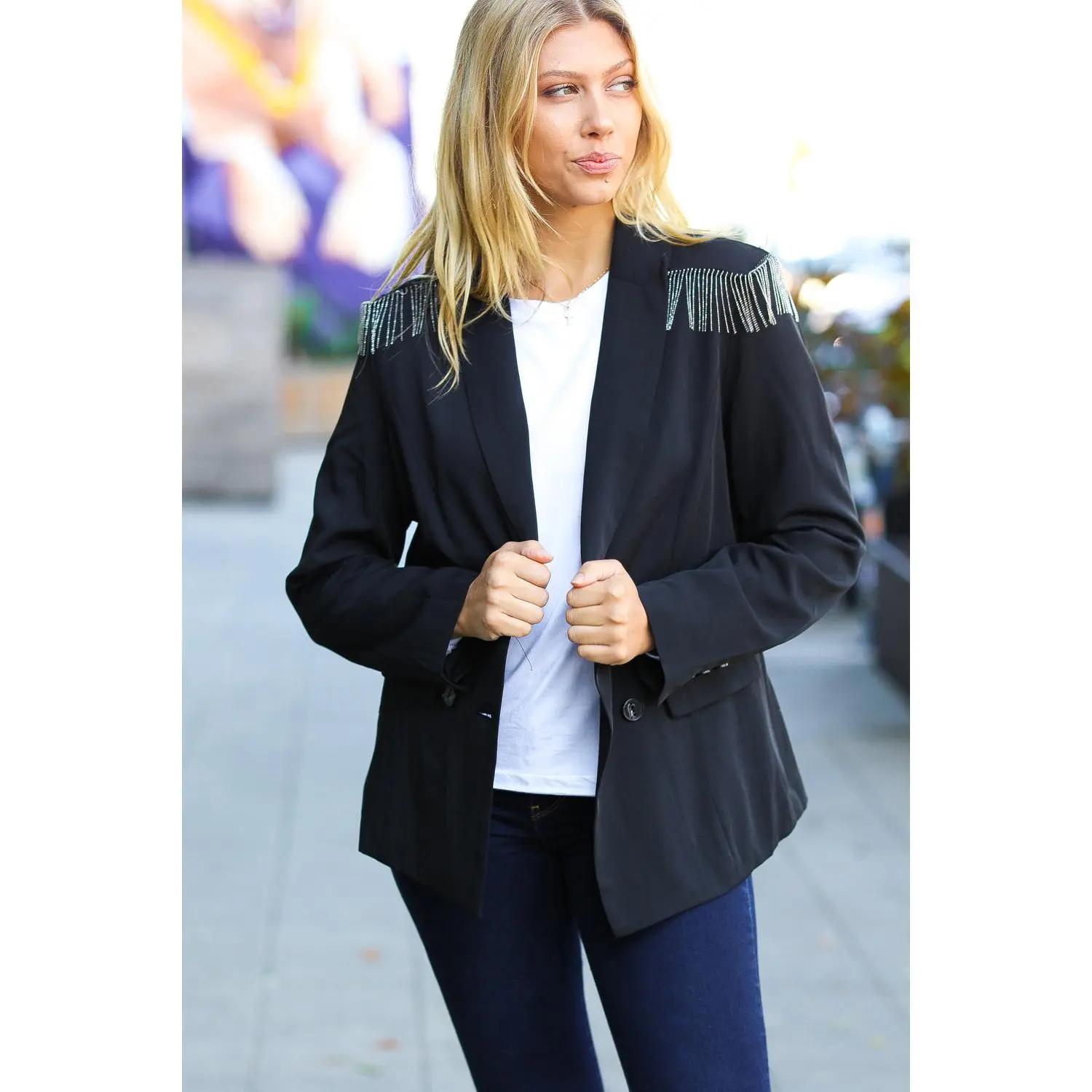 Holiday Ready Black Shoulder Tassel Fringe Blazer