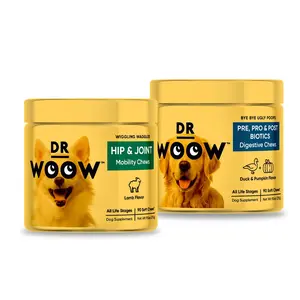 Dr Woow Senior Pup Bundle Hip & Joint Mobility Chews & Pre Pro Post Biotics Digestive Chews for Dog Mobility Comfort