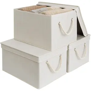 Storage Bins with , Decorative Storage Boxes with Soft Rope Handles, Foldable Stackable Storage Baskets for Closet, Shelves, 3-Pack,  and White,