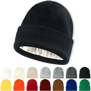 Satin Lined Beanie for Women Men Winter Hat Silk Lining Warm Cuffed Beanie Knit Hats