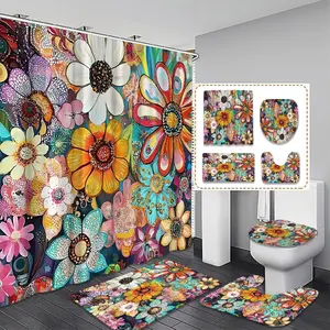 Creative Multicolor Floral Bathroom Decor Set, Includes Shower Curtain, Mat, Toilet Seat Cover, Waterproof, 12 Hooks, Christmas Gift, Bathroom Decoration Accessories