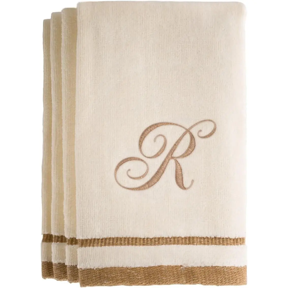 Monogrammed Gifts, Fingertip Towels, 11 x 18 Inches - Set of 4- Decorative Golden Brown Embroidered Towel - Extra Absorbent 100% Cotton- Personalized Gift- For Bathroom/ Kitchen- Initial R (Ivory)