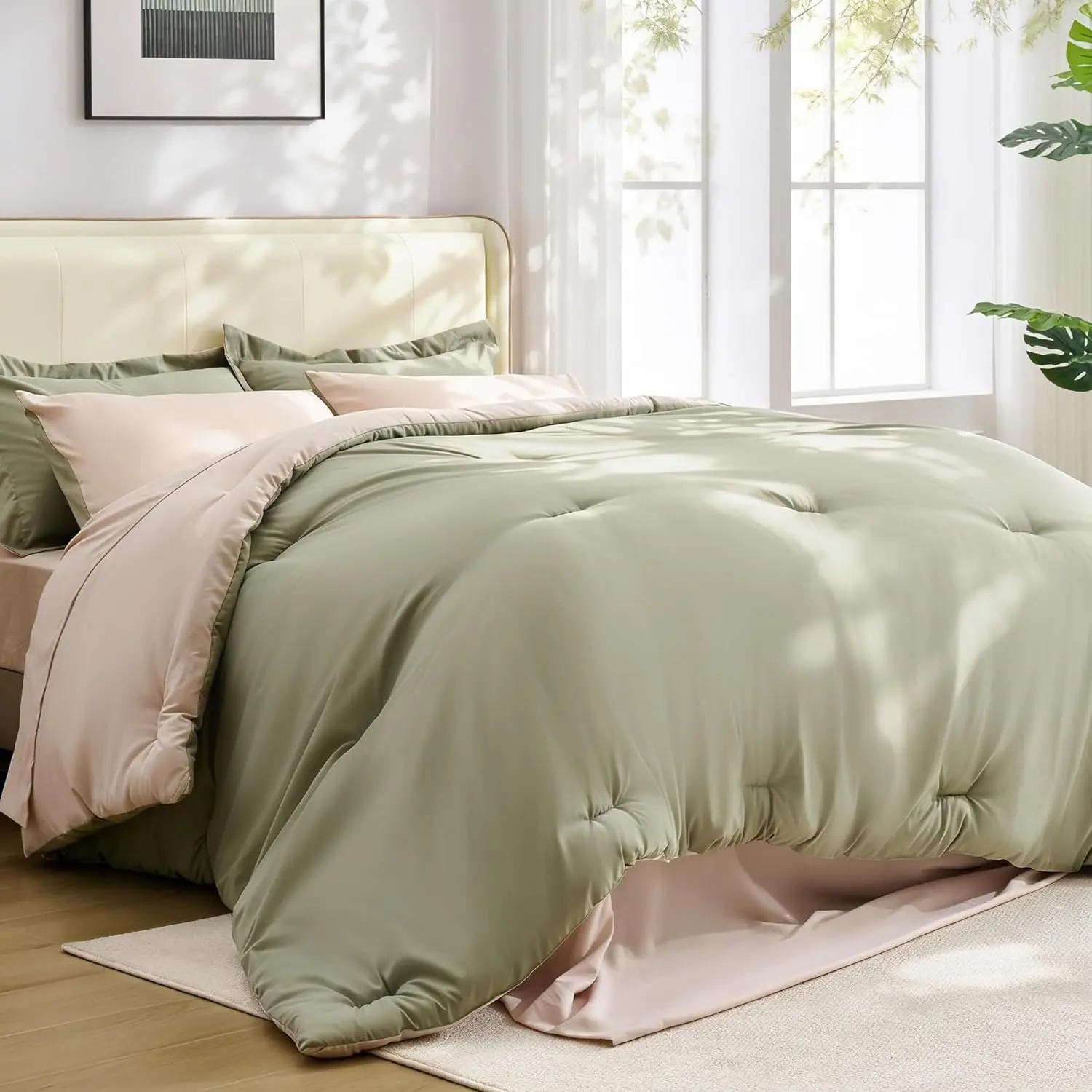 5 count Comforter Set / XL Size, Reversible Oatmeal & Sage Green Bedding Set, Soft Brushed Microfiber Comforter with Flat Sheet, Fitted Sheet, Pillowcases & Shams, 68"X88"