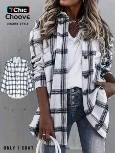 Women's Plaid Print Button Front Drop Shoulder Shirt Blouses, Casual Long Sleeve Collared Pocket Top for Fall & Winter, Women's Clothes for Daily Wear