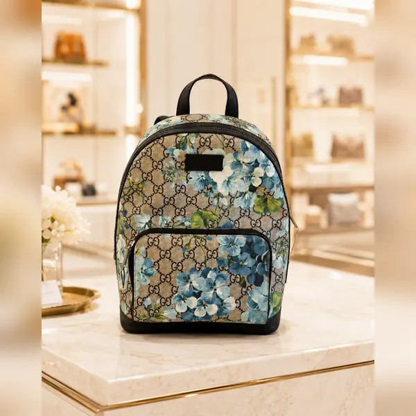 Pre-owned GUCCI - Backpacks Blooms GG Supreme Canvas Backpack Blue Floral Beige LA23266677