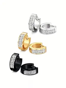 Fashion Hip Hop Punk Stainless Steel Circle Earrings, Unisex Square Zirconia Studs, 3 Pairs, Zirconia Hoop Earrings, Casual Trendy Jewelry for Men and Women