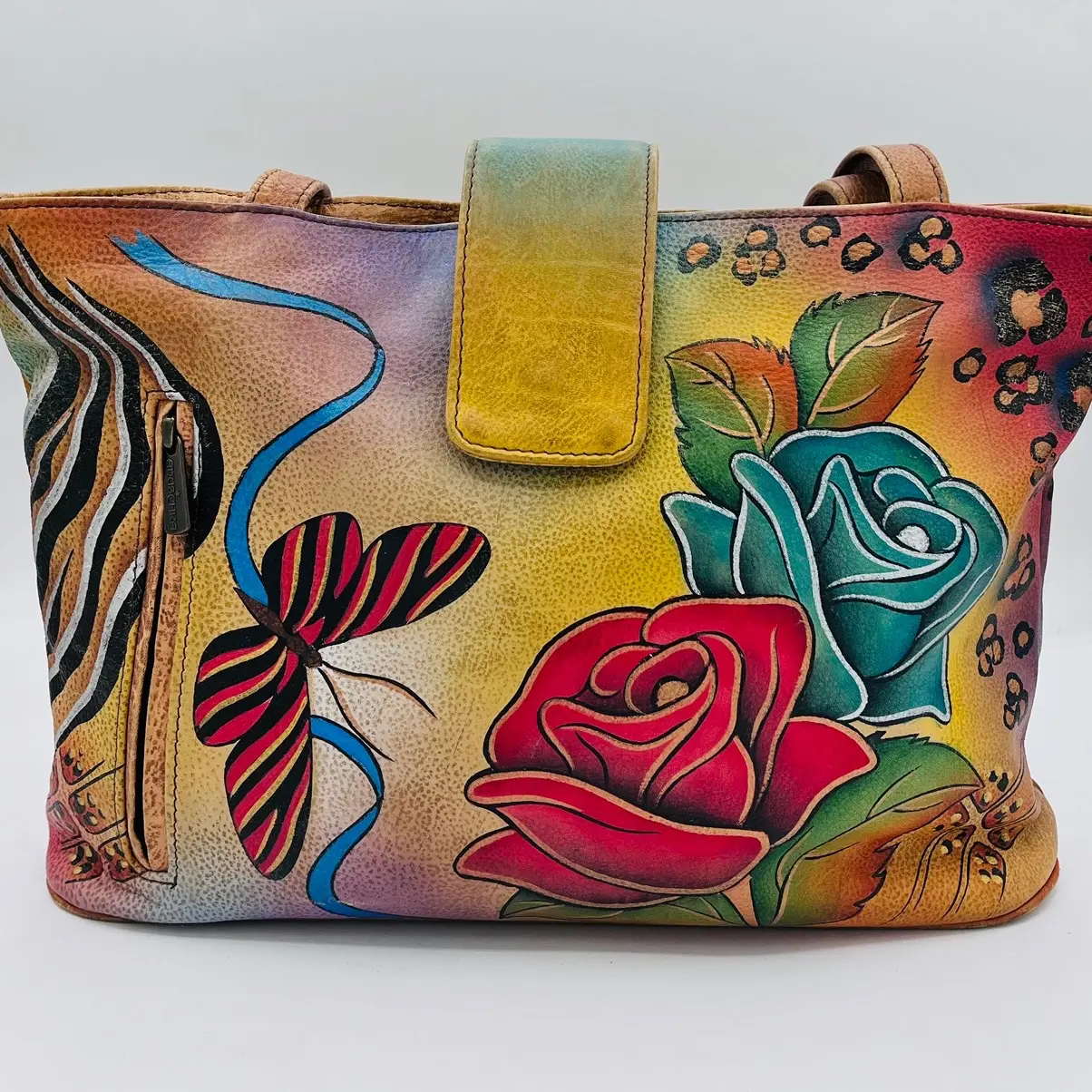Anuschka Medium Tote Bag with Hand Painted Safari Floral Design and Magnetic Snap, Excellent Used Condition