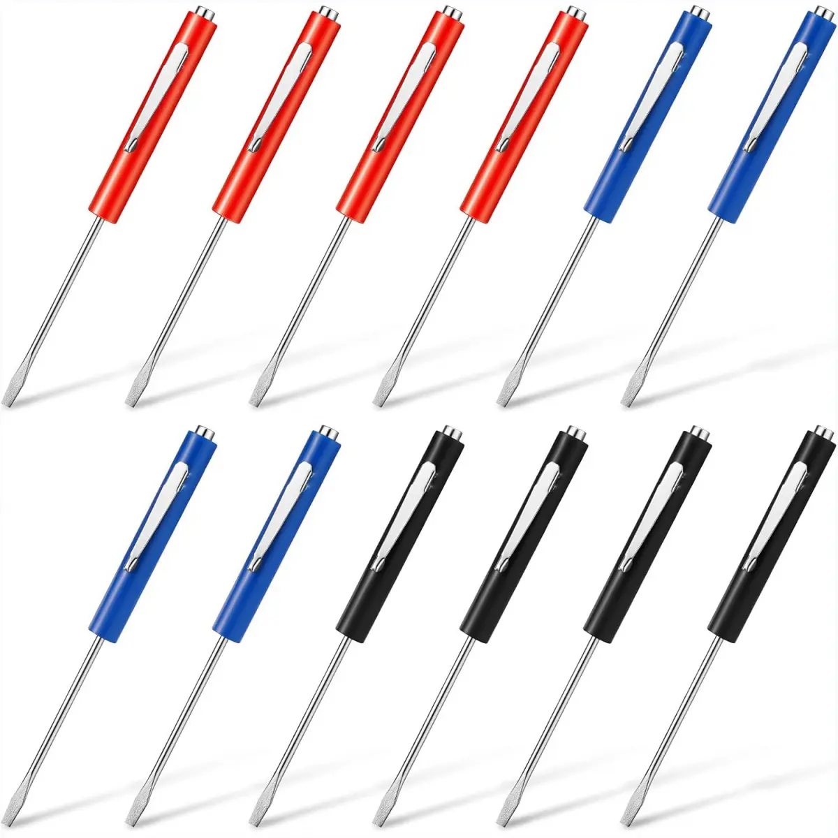 12 x Pocket Screwdrivers, Magnetic Grip Single Blade Flat-Head Mini Tools with Tops & Clips, 5.3 in Lightweight Comfortable-Grip for Home & Mechanical Use, Red/Blue/Black