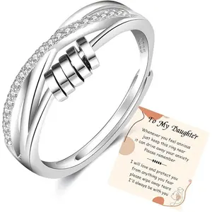 Anxiety Relief Ring for Women, 925 Sterling Silver Spinner Fidget Ring with Cubic Zirconia, Adjustable Stress Relief Jewelry for ADHD Anxiety, Focus Toy Gift for Her, Trendy Stackable Ring