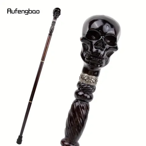 Black Skull Wooden Walking Cane, Spooky Halloween Cosplay Party Prop Gothic Decorative Walking Stick, Costume & Photo Prop
