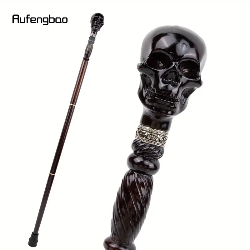 Black Skull Wooden Walking Cane, Spooky Halloween Cosplay Party Prop Gothic Decorative Walking Stick, Costume & Photo Prop