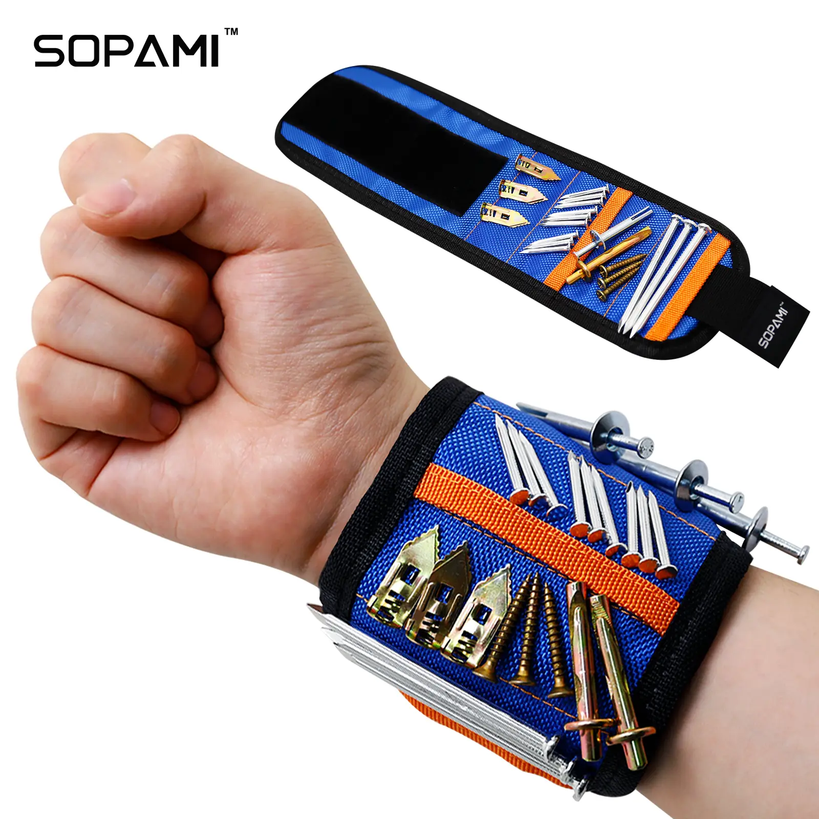 SOPAMI Magnetic Wristband Tool Holder, Super Strong Magnets & Stable Adsorption, Adjustable Wear-Resistant Wrist Belt, Practical Tool Organizer for Screws Nails Bits, Widely Used in Woodworking, Auto Repair, Household DIY