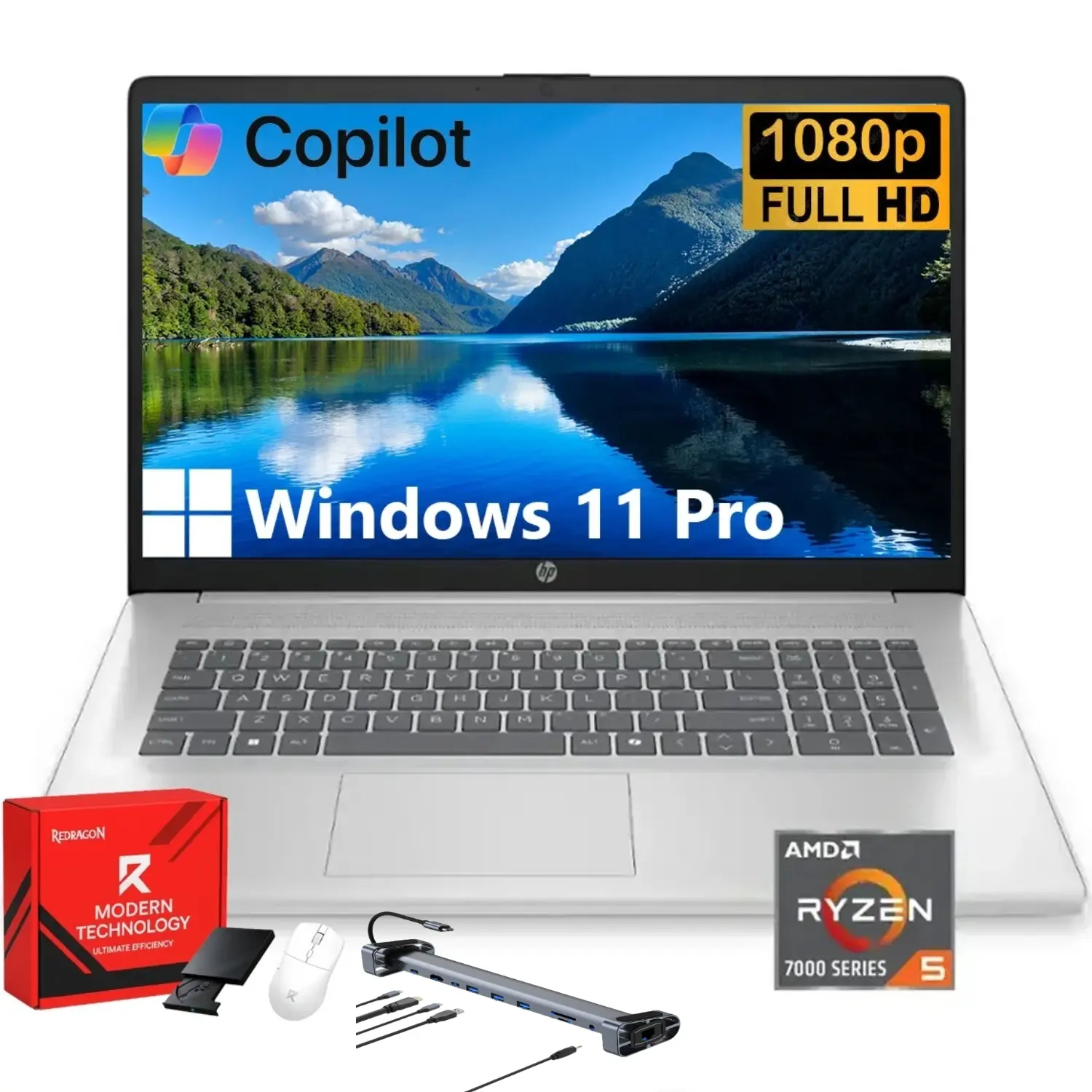 HP Flagship 17 inch Laptop, AMD Ryzen 5 7430U, 64GB RAM, 2TB SSD, 17.3 FHD IPS Display, AMD Radeon Graphics, Wi-Fi 6, Fast Charge, Windows 11 Pro, w/Accessories