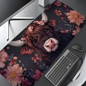Vintage Floral Highland Cow Design Extra Large Gaming Mouse Pad,Aesthetic Desktop Protection Pad,Washable Rubber Pad Non-Slip Lock Edge Multi-Size Mouse Pad Suitable For Home Office,Good Gift for Family and friends, Desktop Accessory