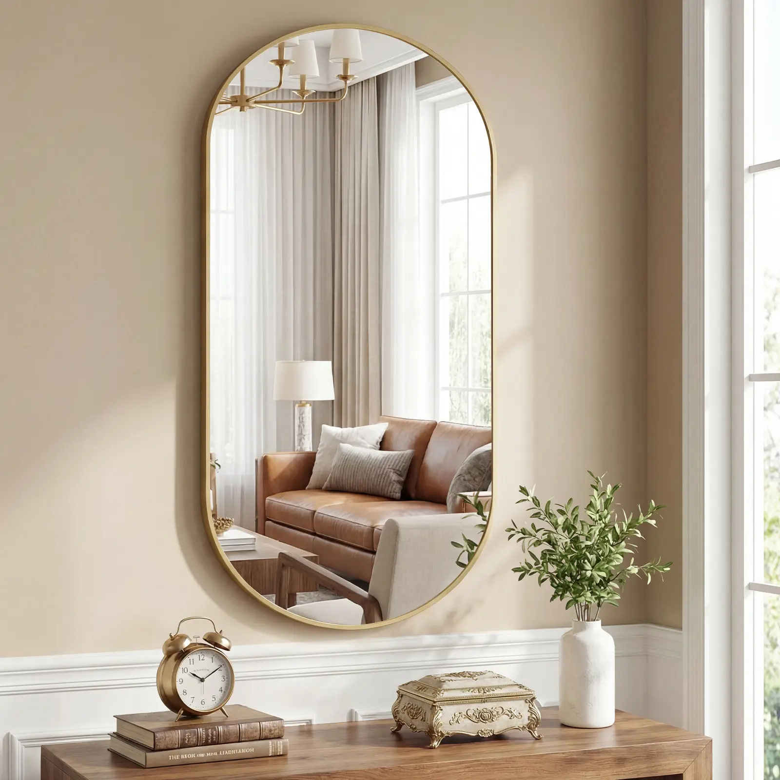 Wall Oval Mirror with Crystal Clear Reflection, Convenient Hanging Hooks, and Premium Aluminum Alloy Construction, Gold