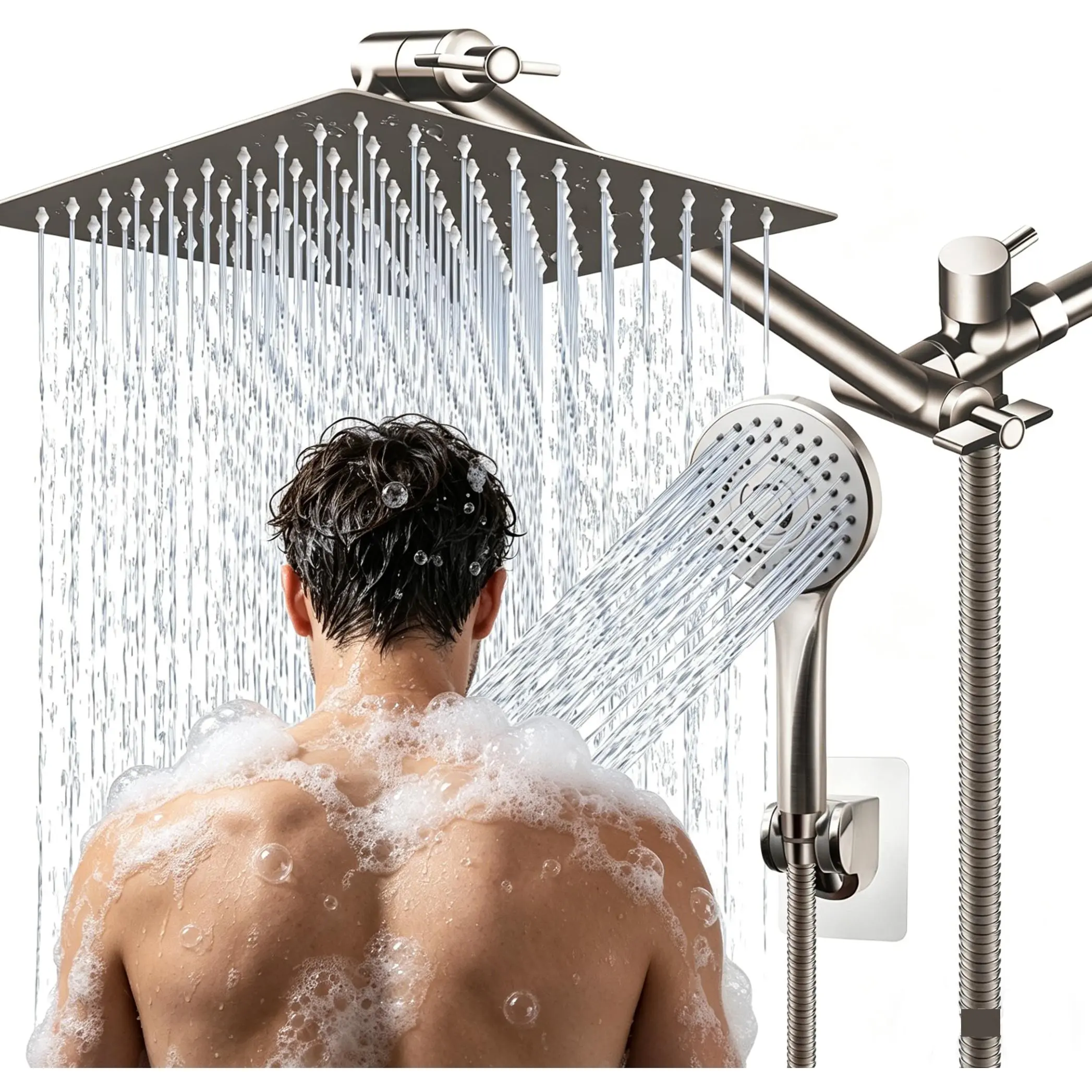 Modern Square Shower Head Combo, 8" High-Pressure Rain Shower with Handheld Spray, 11" Angle-Adjustable Arm, 71" Hose, Universal Fit for Easy Hand Install