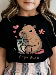 Girls' Summer Short Sleeve T-Shirt - Capybara Cartoon Print with Fashion Glasses & Milk Tea, Vibrant Pink Casual Top, Soft Stretchy Fabric, Round Neck, Perfect for Casual Attire, Shirts for Girls, Cute Shirt, Cute Cartoon Clothes