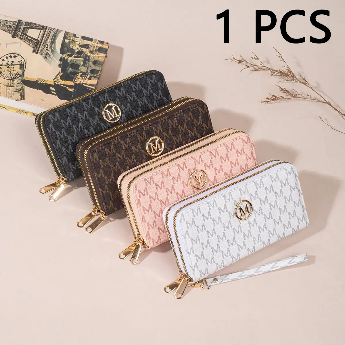 Women's Double Zipper Wallet Monogram Long Clutch Pu Leather Purse with Wristlet Strap, Large Capacity Card Holder & Mobile Phone Bag, Trendy M-Letter Print Coin Purse Gift for Her