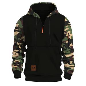 Stitching Hooded Men's Fashion Camouflage American Vintage Zipper Sweater Loose Fit Pullover with Top Stitching Slit Pocket in Red Army Green Blue Gray
