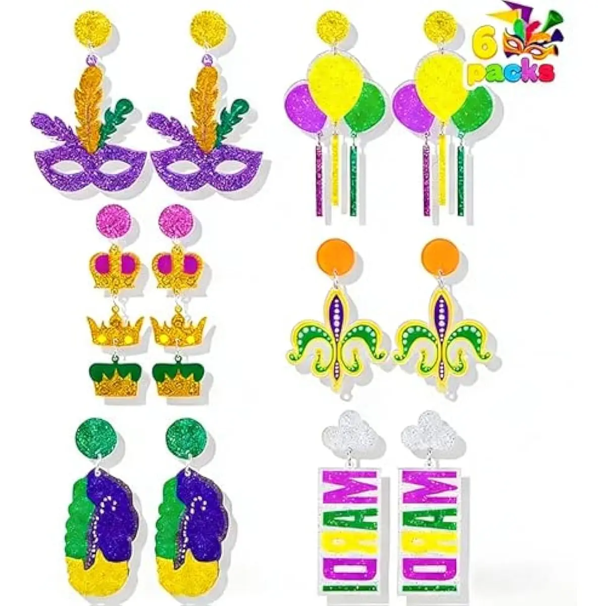 12 Pcs Mardi Gras Earrings Set, Purple Fun Earrings for Women Mardi Gras Party Outfit Accessories, Gold Green Purple Earring for Dress-up Costumes Accessory Favors