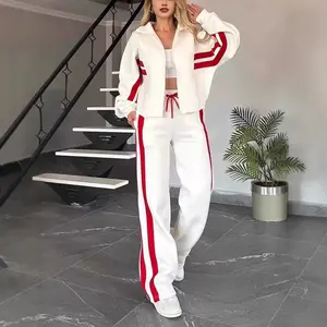 Long Sleeves Loose Split-Joint Striped Zipper Stand Collar Jackets Outerwear Loose Straight Leg Contrast Color Split-Joint Striped Pants Trousers Clothes Suits White Casual Womenswear