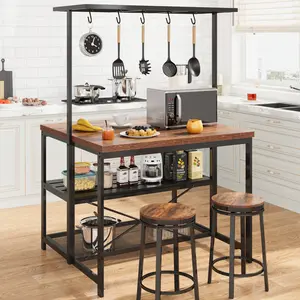 3 in 1 Kitchen Island Bakers Rack with Power Outlet, 3 Tier Microwave Stand and Oven Shelf, Large Coffee Bar Table, Storage Shelf with 5 Hooks for Kitchen Dining Living Room