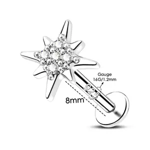 Oufer 16G S925 Sterling Silver Internally Threaded Octagram Star Labret Stud Cartilage Earring Bar Lenth 8mm