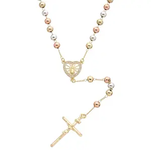 VIRGIN MARY beautiful rosary gold-plated three colors  long PLAIN  beads size heart with clear stone's