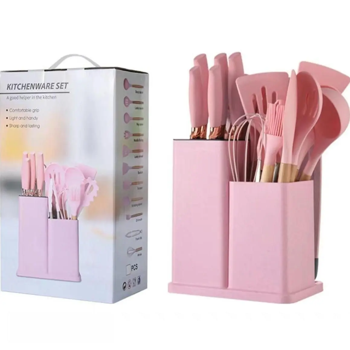 19-Piece Kitchen Knife Set with Heat-Resistant Silicone Cutlery & Wooden Handles - Includes Chef Knife, Non-Stick Compatible Tools, pots pans set Valentine's Day and More Cookware non stick pots and pans Kitchenware Nonstick Ladle Stylish White