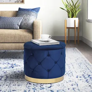 Adeco Round Storage Ottoman, Velvet Button Tufted Upholstered Bench with Removable Lid, Coffee Table Footrest Stool Seat for Living Room Bedroom Entryway