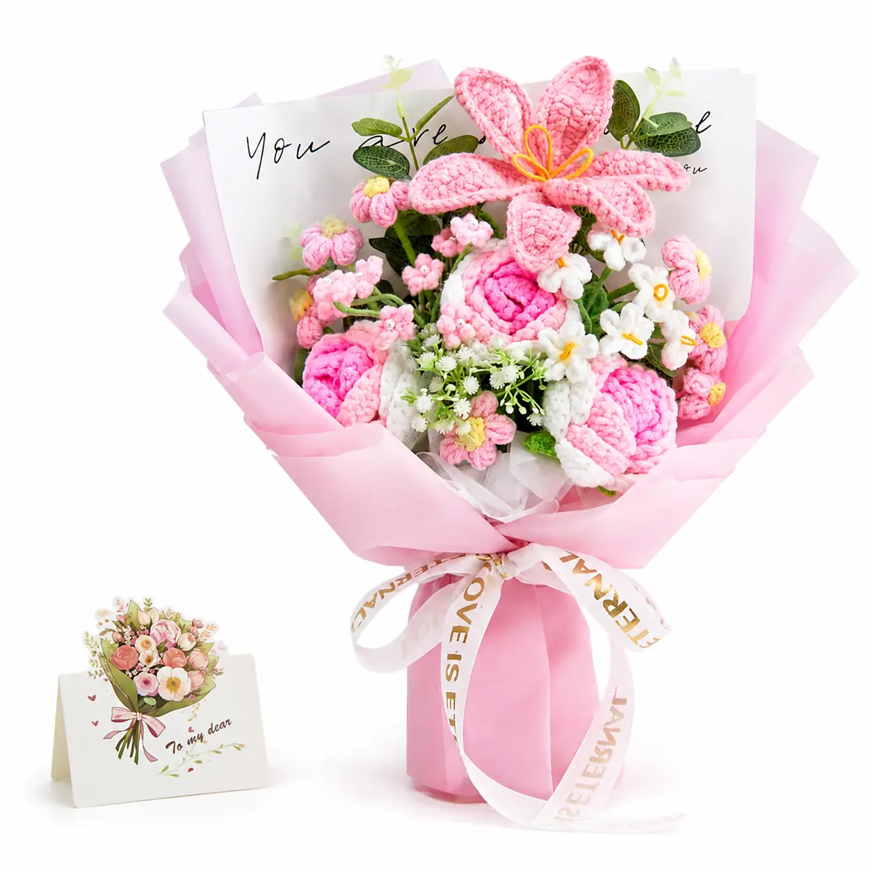 Handmade Crochet Tulip Flowers Bouquet Collection Gift for Girlfriend Birthday Wedding Anniversary Just Because Gift with Multi Color Tulips Rose Lily Forever Flowers for Her with Greeting Card US Fast Shipping Home Decor Women's Gift