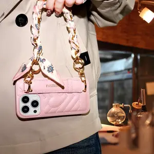 Luxury Leather Case for iPhone 15 14 13 12 11 Pro Max Silk Scarf Strap Love Wristband Stand Hook Microfiber velvet Super-fiber