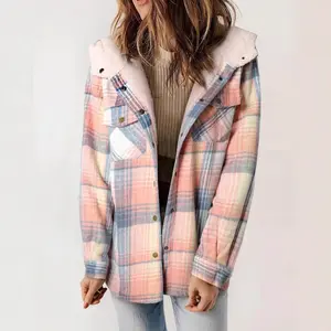 Womens Plaid Shacket Jacket Long Sleeve Button Down Fleece Hooded Jackets Warm Coat