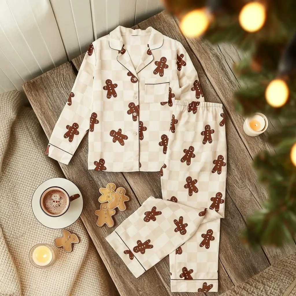 Cute Satin Comfortable Matching Family Christmas Pajama Set - Gingerbread Long-Sleeve Nightwear Loungewear Tee for Women, Men, Longsleeves, Style, Matching Sets, Modest Look, Women's Matching Sets