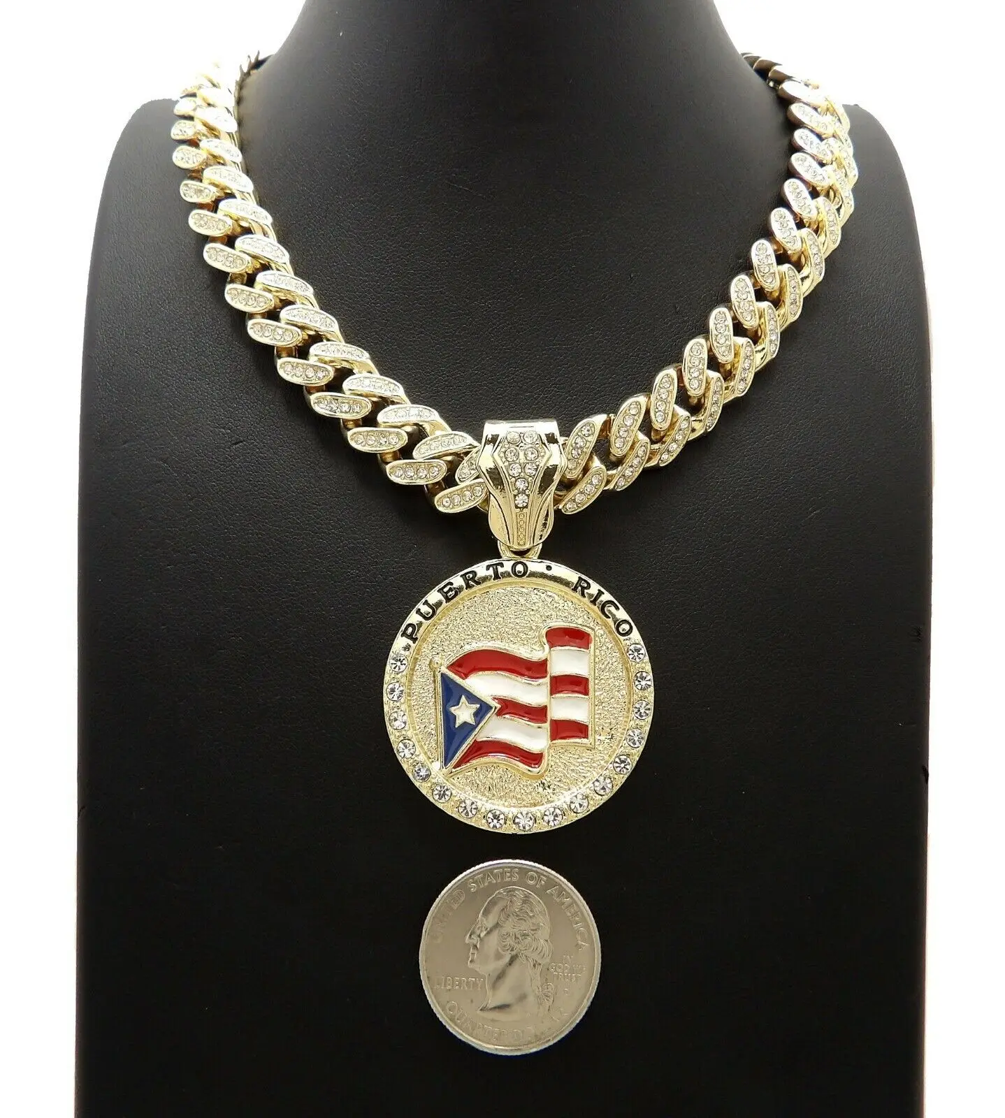 MaxBling81 Puerto Rico Flag Medal Charm Pendant with 13mm Chain & Link, 16"-30" Iced Hip-Hop Inspired Necklace, Unisex Costume Fashion Jewelry for Men & Women, Iced Out Jewelry, Trendy Fashionable Accessories