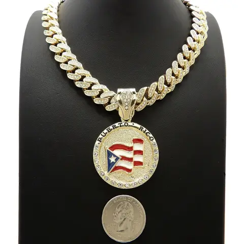 MaxBling81 Puerto Rico Flag Medal Charm Pendant with 13mm Chain & Link, 16"-30" Iced Hip-Hop Inspired Necklace, Unisex Costume Fashion Jewelry for Men & Women, Iced Out Jewelry, Trendy Fashionable Accessories