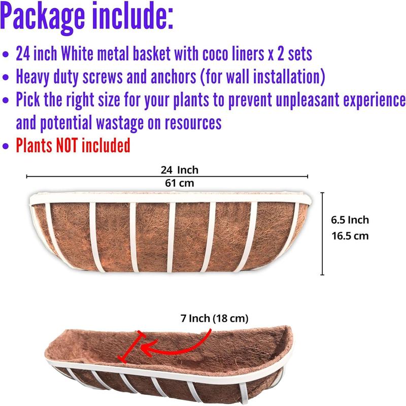 LaLaGreen Window Planter Box (24 Inch, 2 Pack) White Metal Deck Railing Flower Boxes with Coco Liners, Rectangular Wall Planters for Outdoor Plants Horse Troughs Fence Balcony Garden Herb Patio Porch