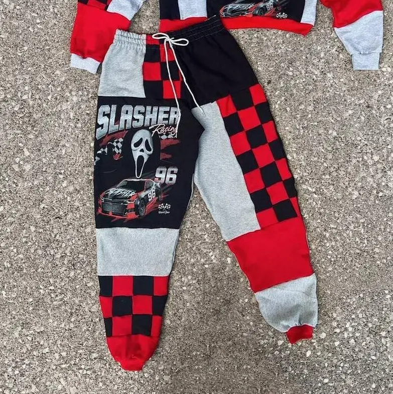 Spooky Halloween Horror Character Patchwork Jogger Pants – Eco-Friendly Streetwear, Sustainable Vintage Fabrics, Unique Gothic Couple Clothes for Fall Season
