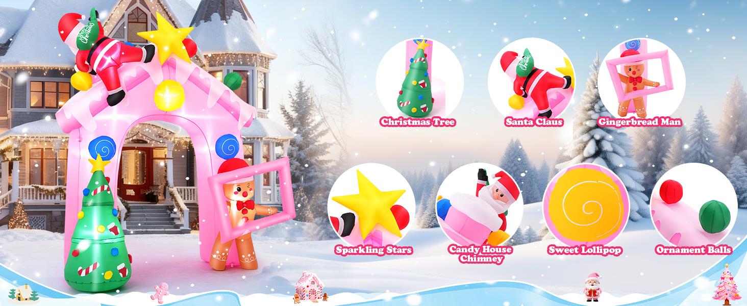 AKEYDIY Pink Christmas Inflatables Outdoor Decorations with Colorful LED Lights, Christmas Inflatables with Santa Claus,Christmas Tree and Gingerbread man,Gift Box, Blow Up Yard Decor for Indoor Xmas Party Patio Lawn,10ft,6ft