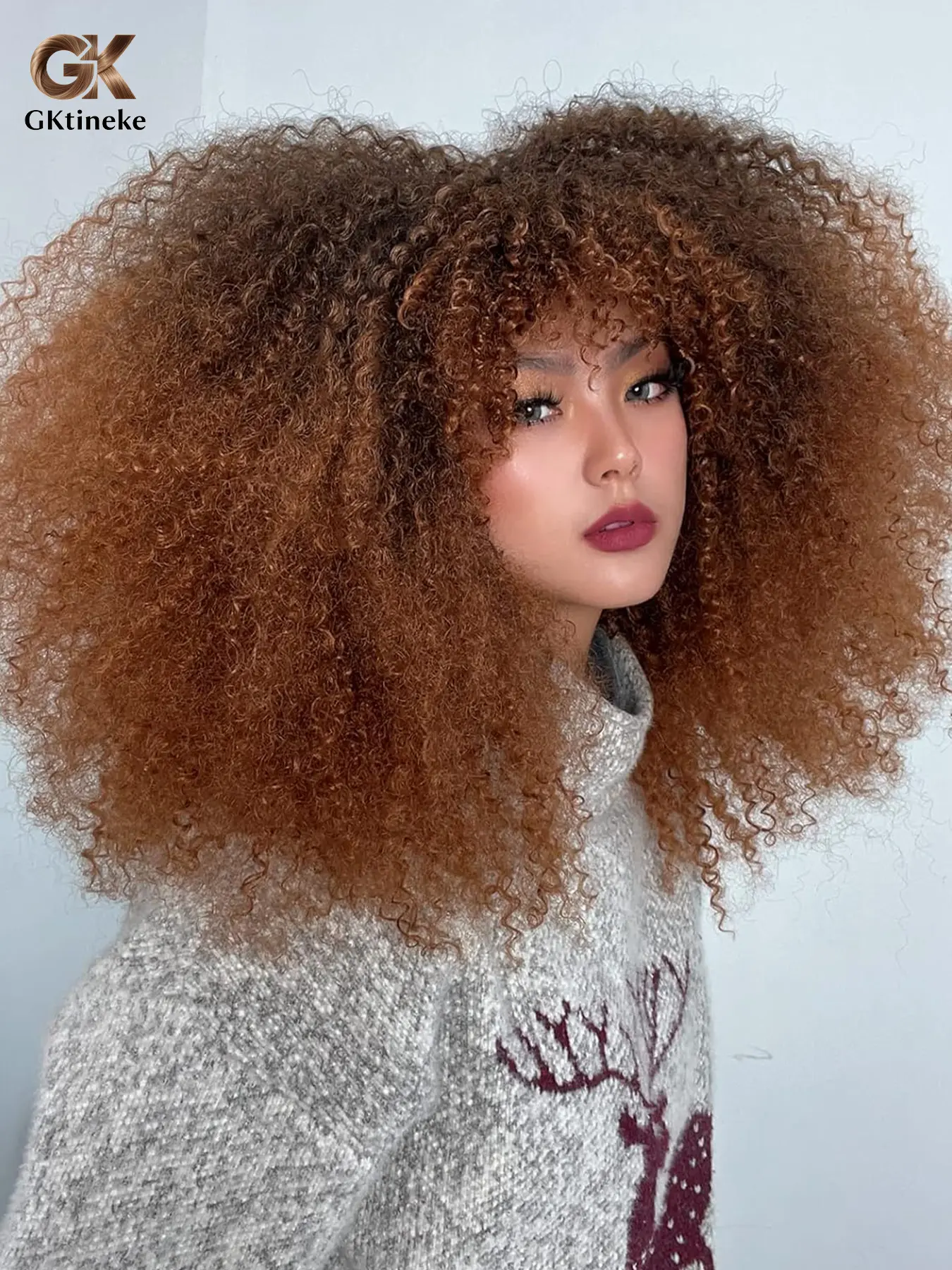Gktineke Wig Synthetic Hair Heat Resistant Wigs Curly Wigs Kinky Curly Wigs Coily Textured Wigs For Women Spring Curl Short Wigs With Bangs Brown 16 Inch Heat Resistant Fiber Bangs Wig For Women Daily Used High Density Stylish Wigs